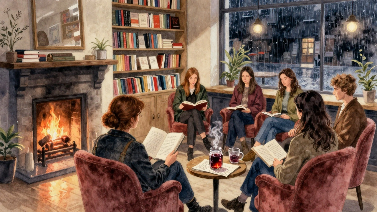 A cozy bookstore café with a fireplace, a woman reading poetry to a small group, and mugs of spiced wine on wooden tables.