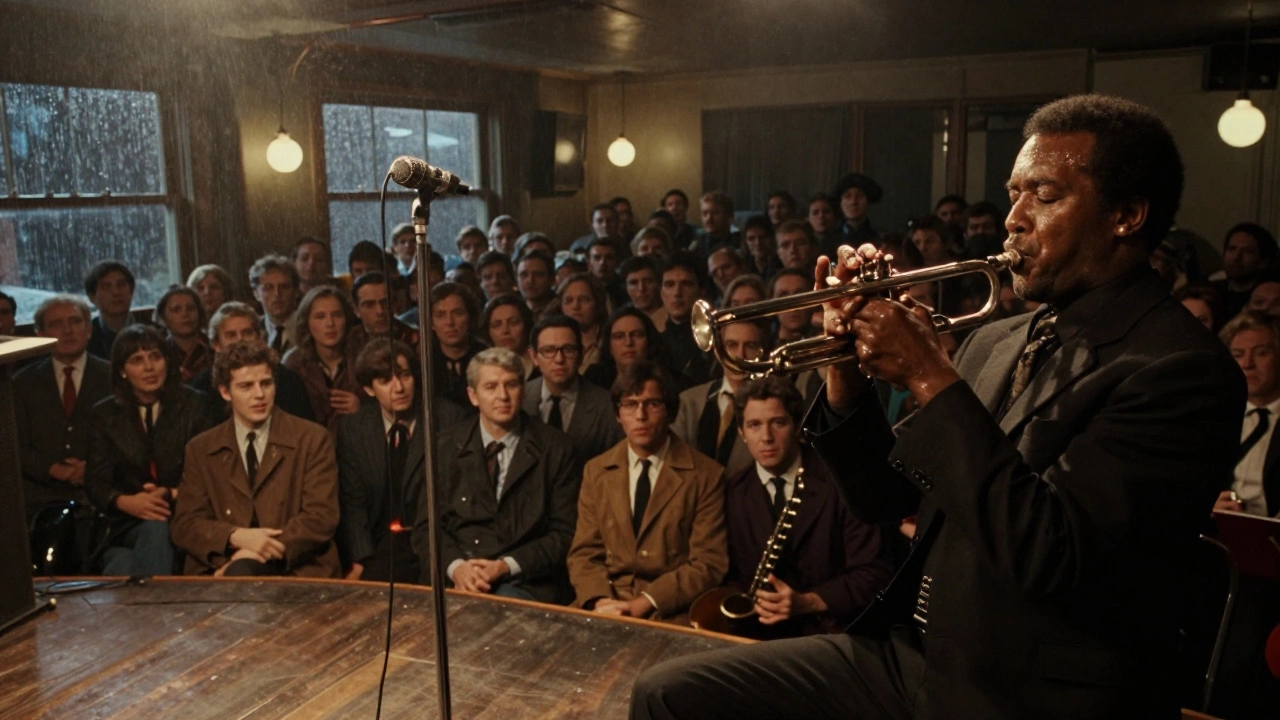 A crowded 1960s jazz performance at The Troubadour, with Miles Davis playing under flickering lights.