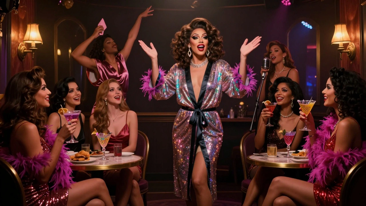A drag host leads a lively show in a cozy, lantern-lit venue as performers entertain guests with dance and song.