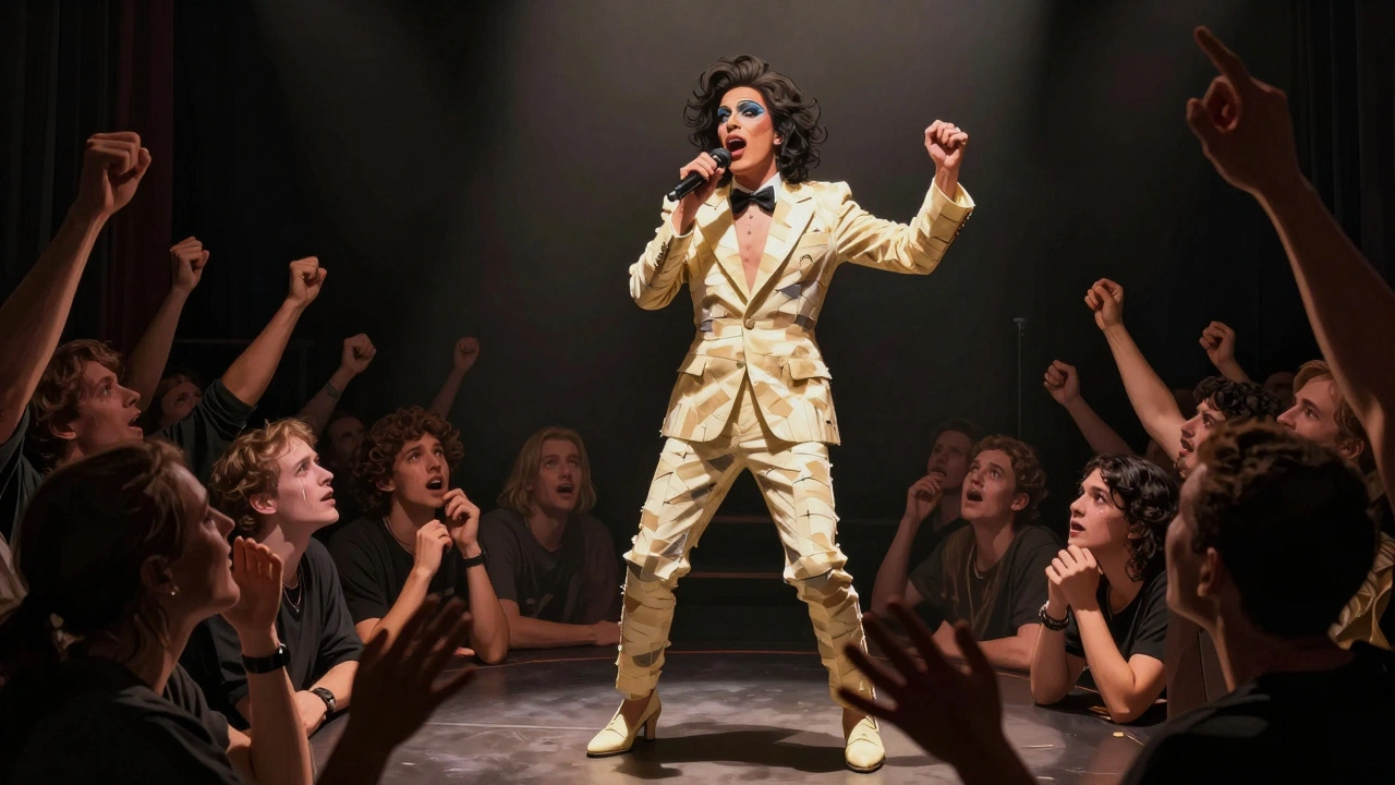 A drag king performs on stage wearing a duct tape suit, audience emotionally engaged in the moment.