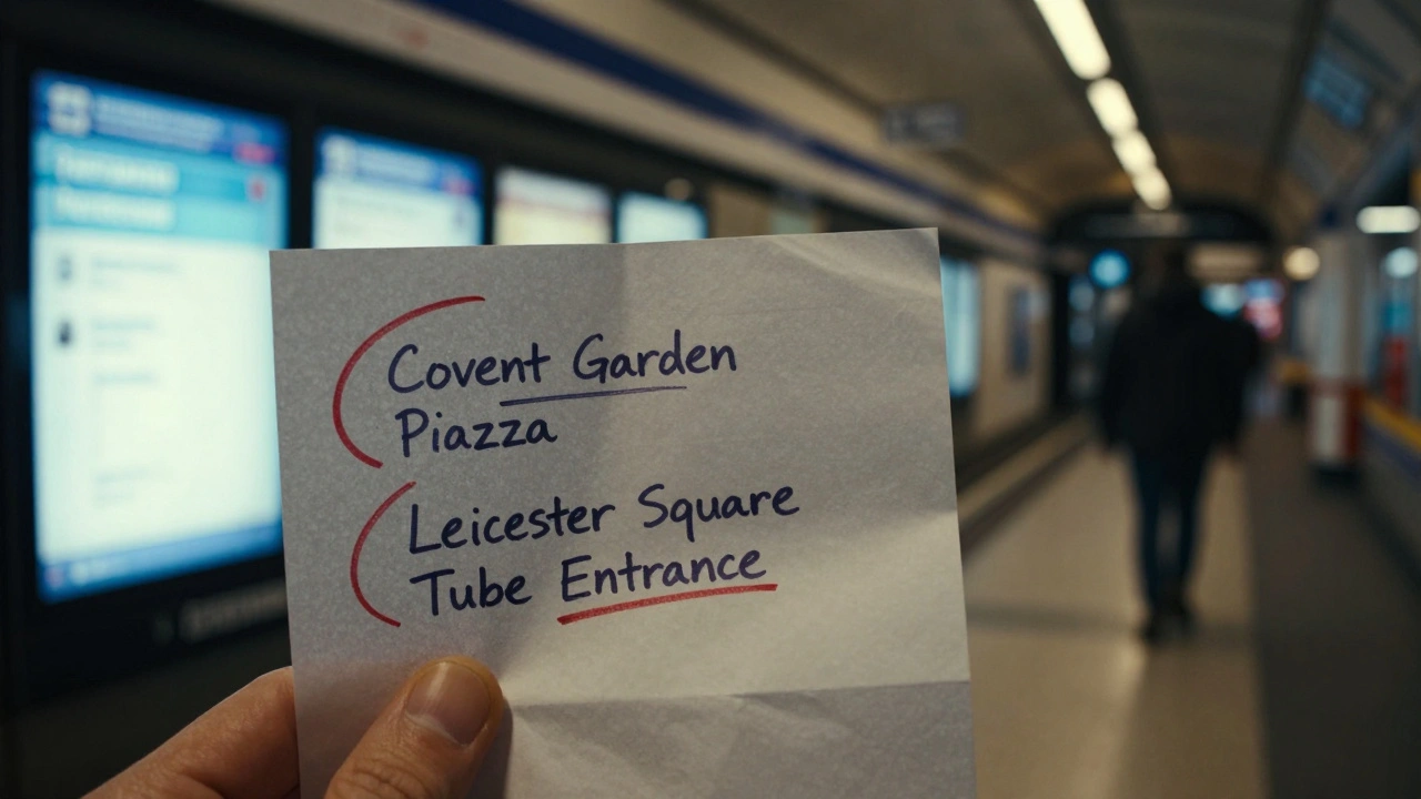 A folded piece of paper with handwritten meet-up points for London nightlife safety.