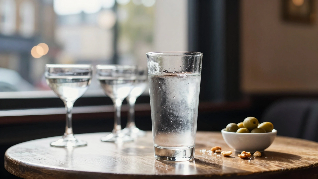 A glass of water beside empty cocktails on a pub table, with salty snacks and morning light.