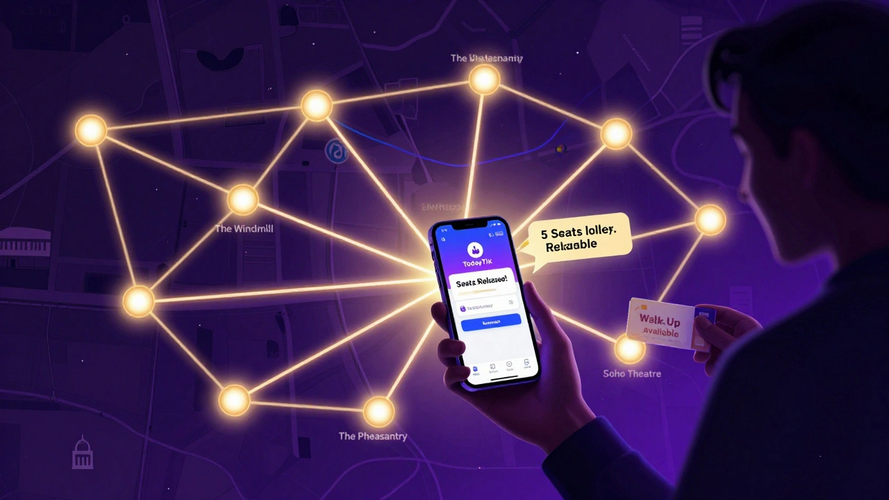 A glowing map of London showing cabaret venues connected by digital alerts, with a figure holding a phone and receiving last-minute ticket notifications.