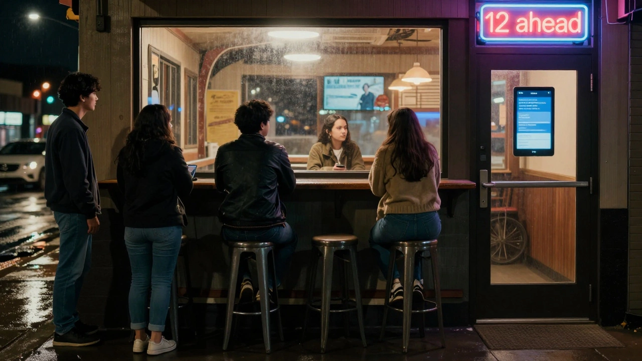 A group at a restaurant’s entrance checking a digital waitlist app as they gaze through the window