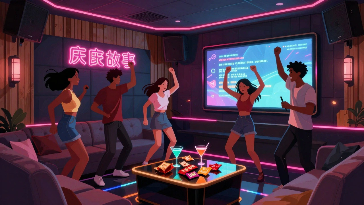 A group of friends celebrate in a vibrant private karaoke room with neon lights, couches, and a large lyric screen.