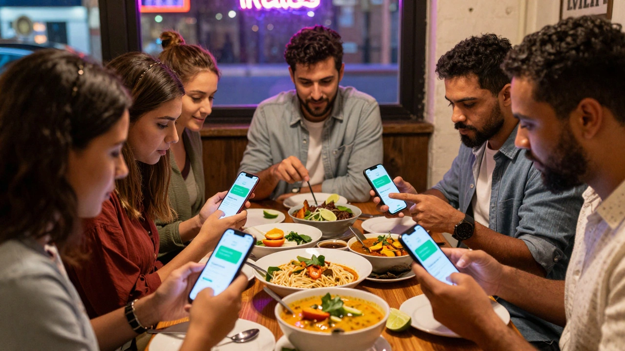 A group of people in a Brixton restaurant using smartphones to settle a shared meal via the Splitwise app.