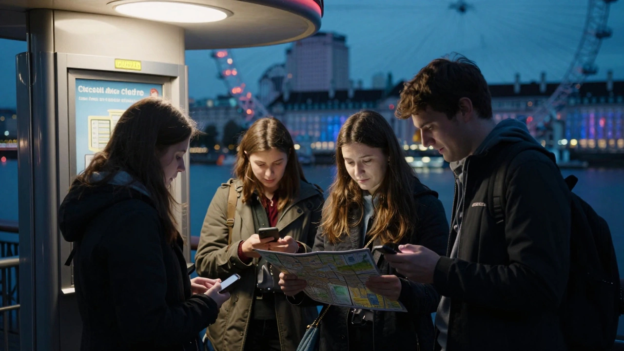 A group reunited near the London Eye at night after being separated, one person approaching them.