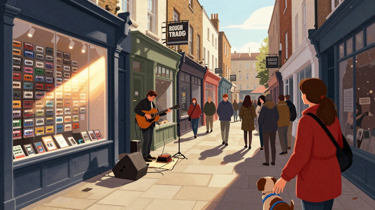 A guitarist plays an acoustic set outside Rough Trade Camden as a woman in a red coat listens beside her dog.