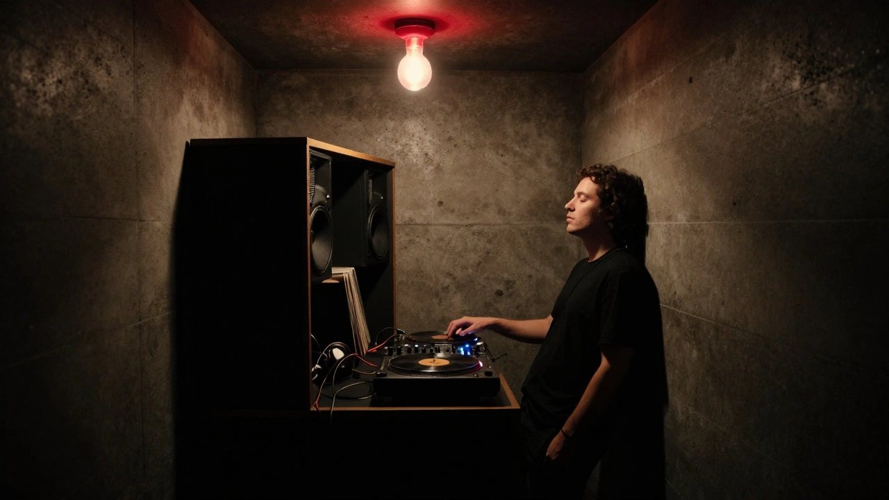 A hidden soundproof booth at Fabric nightclub, dimly lit, with a DJ preparing a record in a concrete room focused on music.