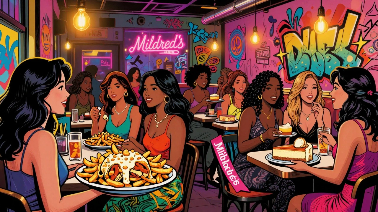 A lively vegan restaurant scene with colorful walls, loaded fries, and a bachelorette sash as friends laugh over shared plates.