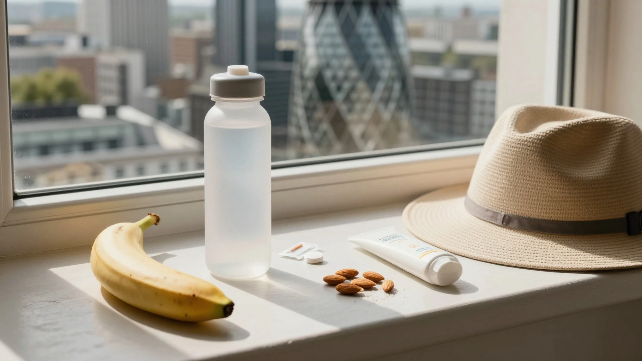 A minimalist hydration kit with a water bottle, banana, and electrolyte tablet on a sunlit windowsill.