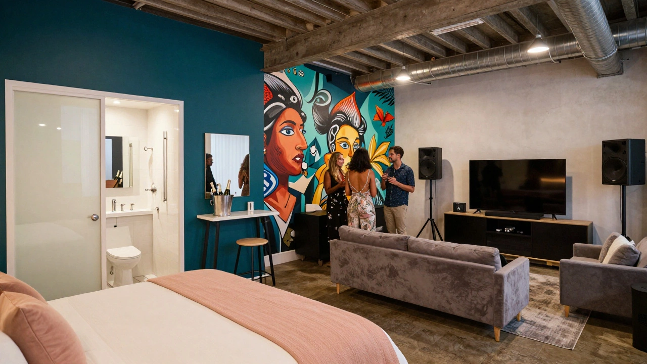 A modern warehouse hen party venue in Dalston with private bedrooms, a sound system, and guests relaxing in a warmly lit communal space.