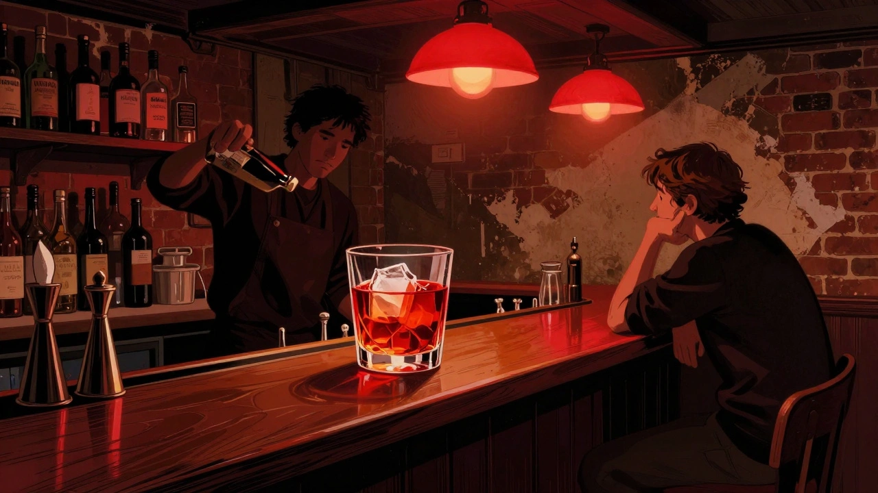 A Negroni cocktail in a rocks glass at a dim basement bar in Camden, lit by a single red overhead light.