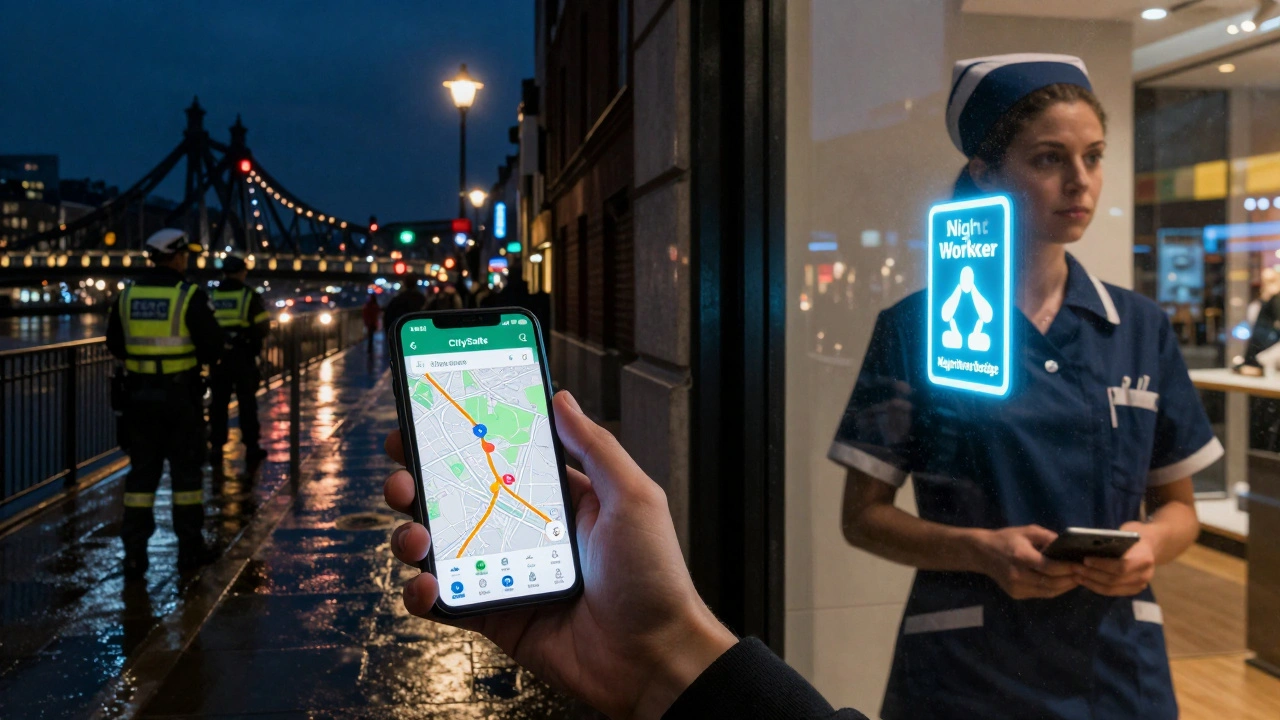 A night shift worker using an app to reroute from a dark bridge to a safely lit path with visible security patrols.