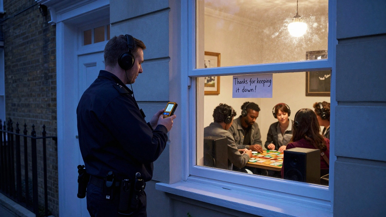 A noise officer measuring sound levels outside a flat where guests are playing board games quietly.