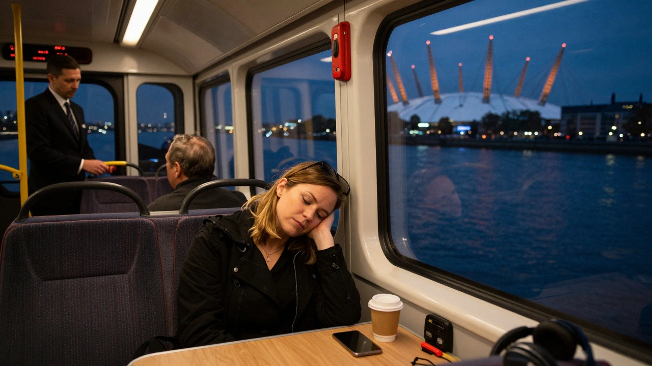 A passenger relaxing inside a Thames Clippers boat late at night, gazing out at the O2 Arena with a coffee nearby.
