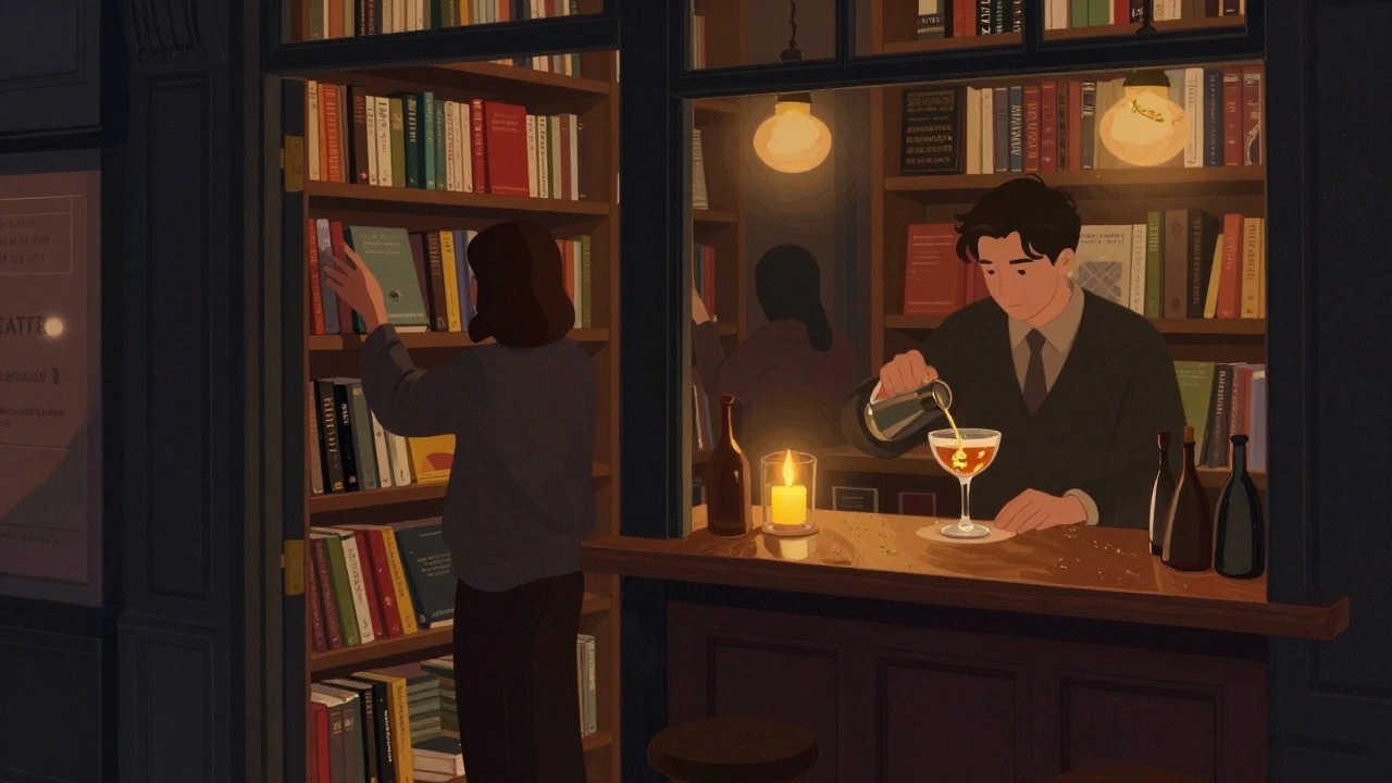 A person choosing a book in The Library, Soho, as a bartender prepares a golden cocktail behind the counter.