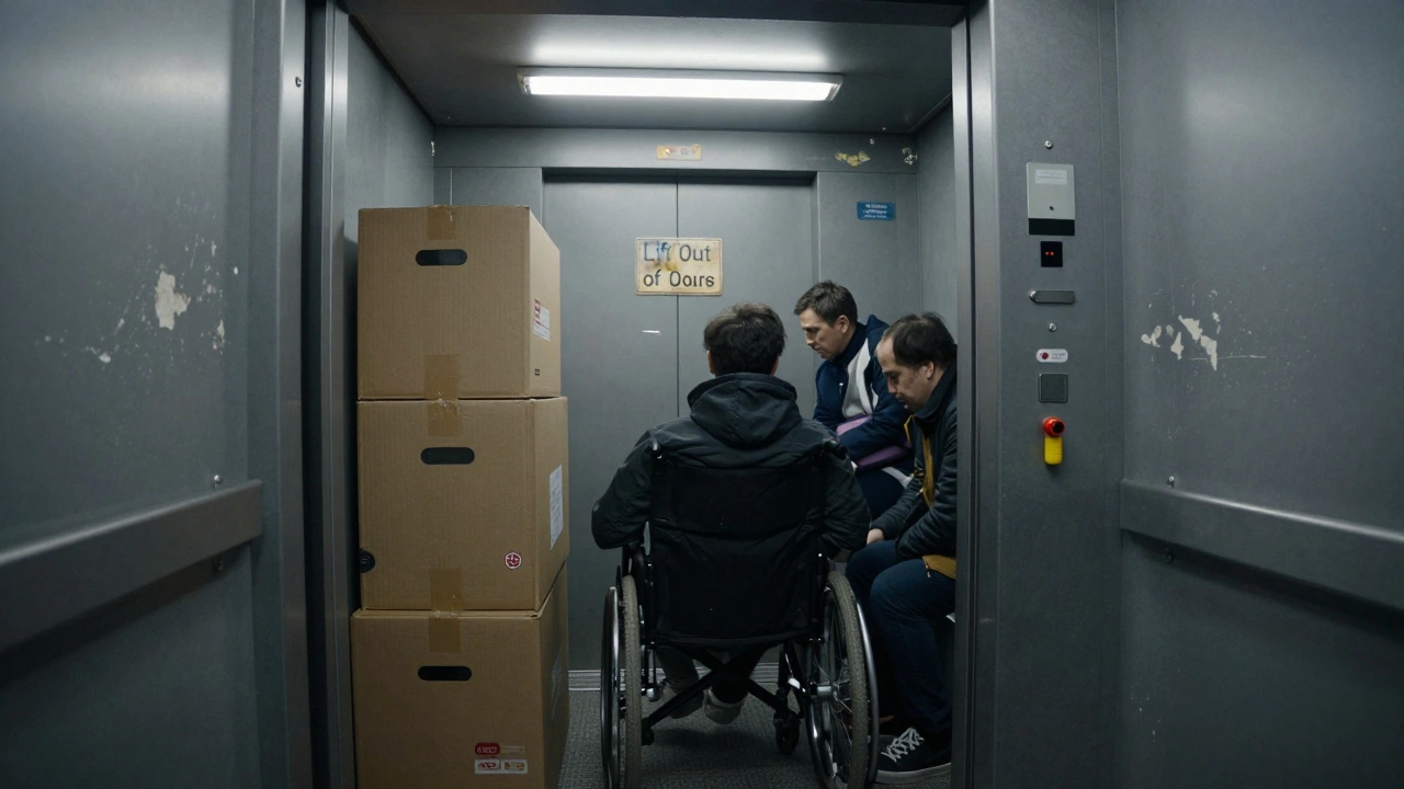 A person in a wheelchair trapped in a small, cluttered elevator with broken emergency controls in a London venue.