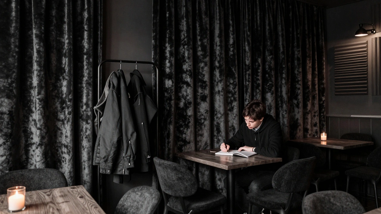 A person writes in a notebook at a quiet bar with velvet curtains and no phones, surrounded by stillness and warm candlelight.