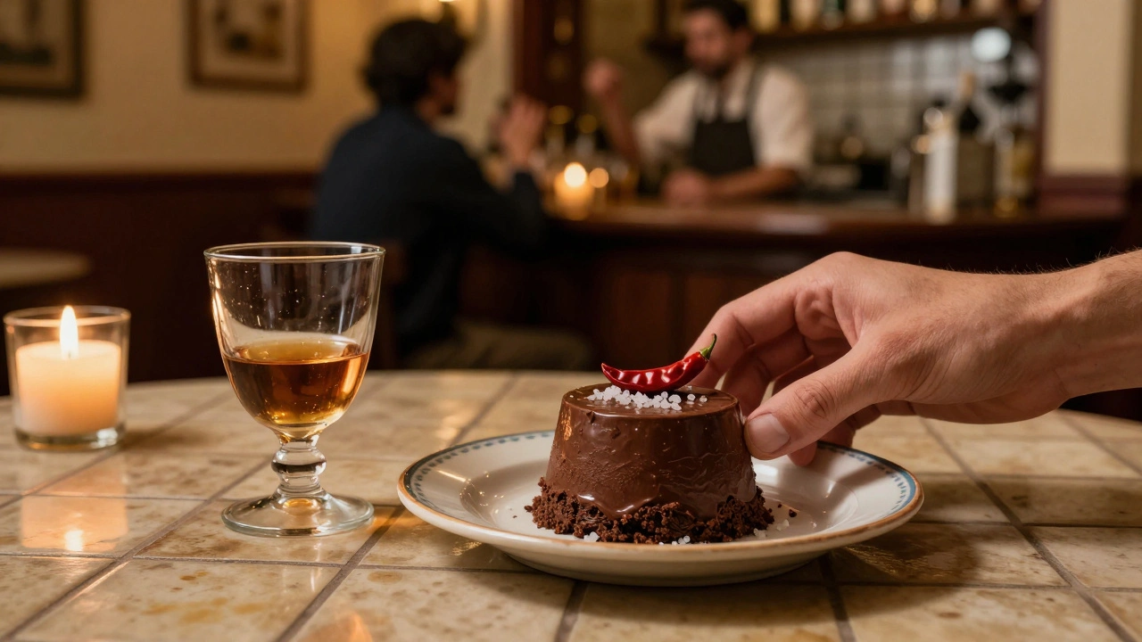 A plate of dark chocolate mousse with chili and sea salt beside a sherry glass in a vintage tapas bar.