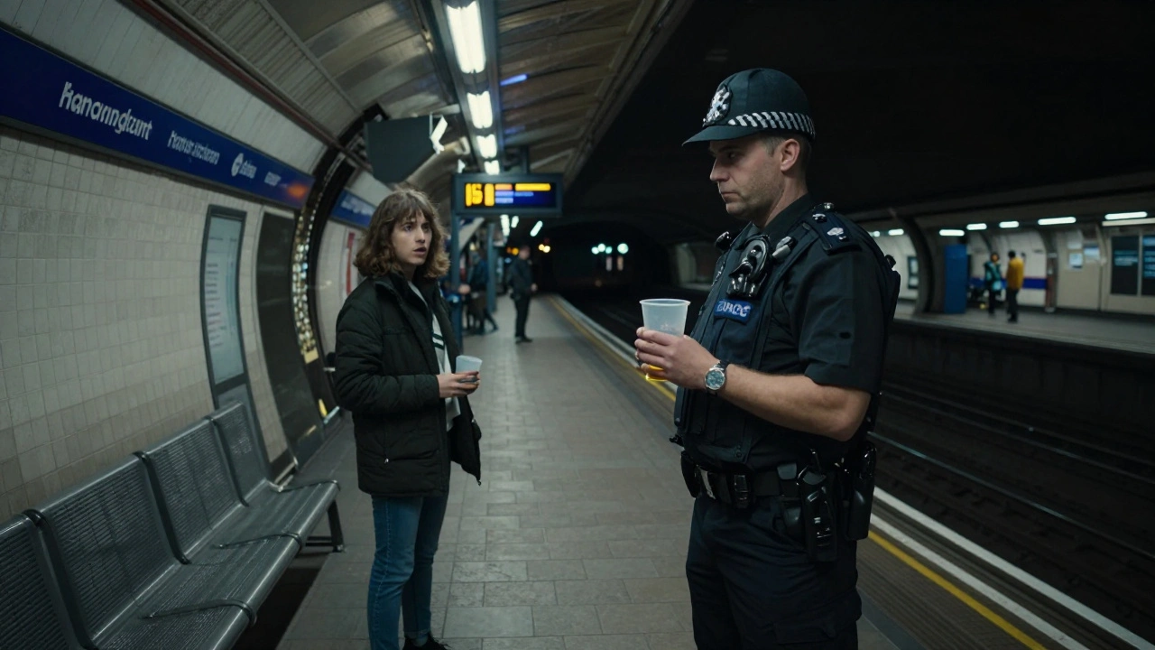 A police officer confiscating a drink on a London Underground platform, tourist looking on in surprise.