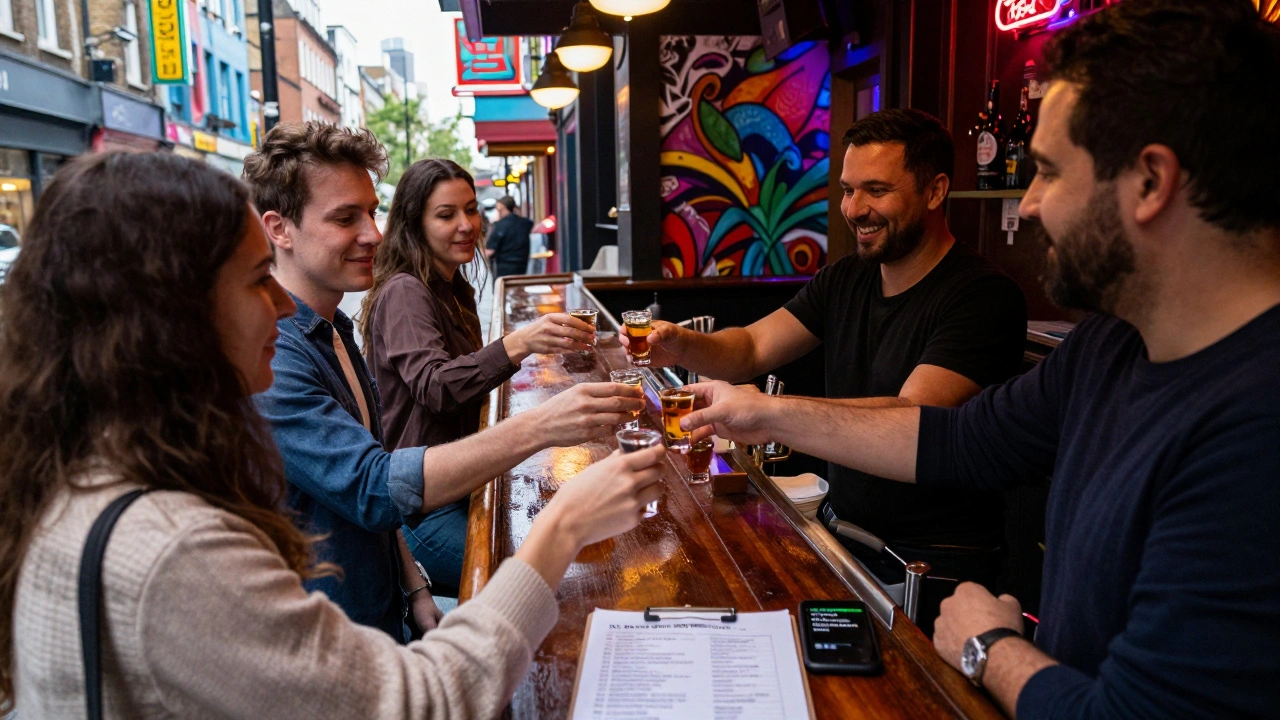 A pub crawl group receiving free shots at a neon-lit bar, with a waitlist clipboard visible, vibrant street atmosphere all around.