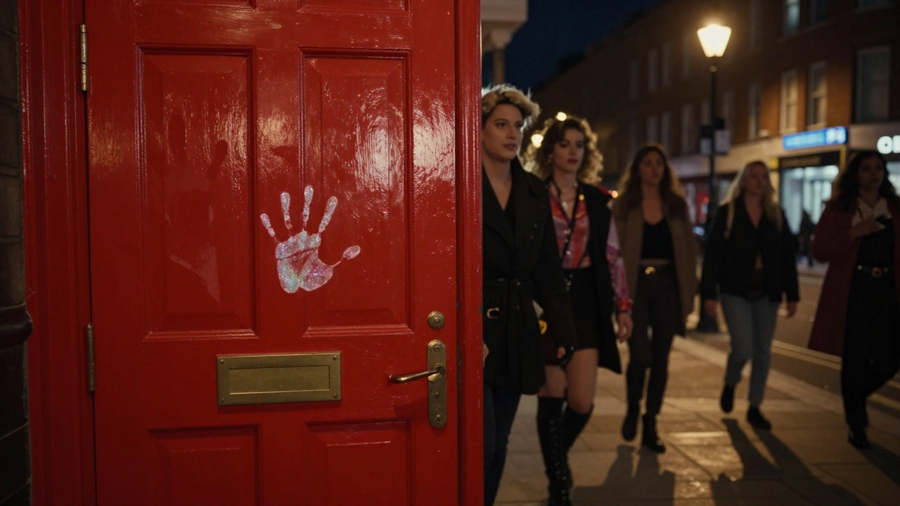 A red door with a glittery handprint marks the entrance to The Glory Haggerston at night.