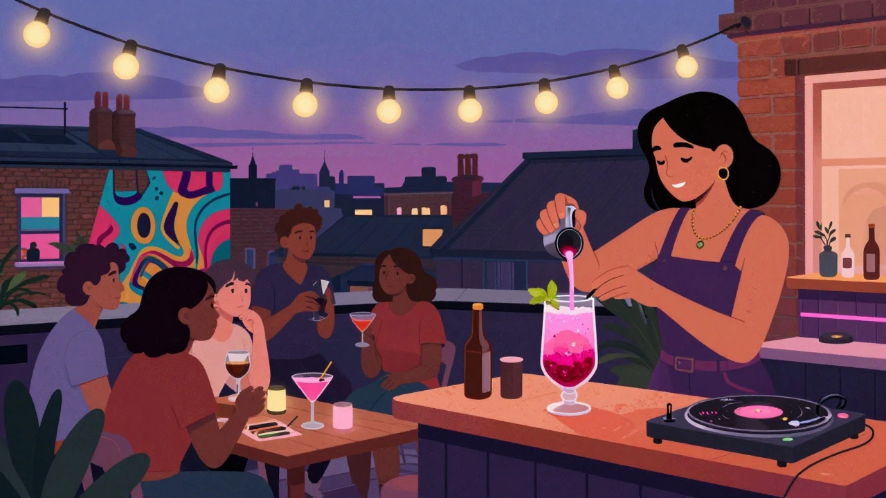 A rooftop bar in Peckham at dusk with string lights, a mixologist pouring a glowing cocktail, and a woman DJ playing music.