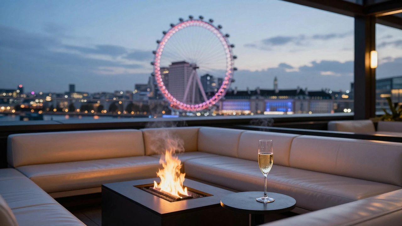 A rooftop VIP cabana at Crosby Street Hotel with a fire pit, heated seating, and the London Eye glowing in the night skyline.