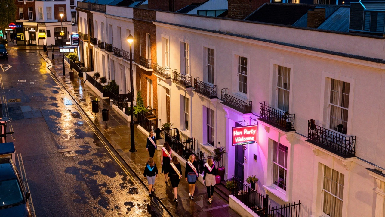 A row of London townhouses in Brixton Village at night, with groups of women walking toward a welcome-decorated home under streetlamps.
