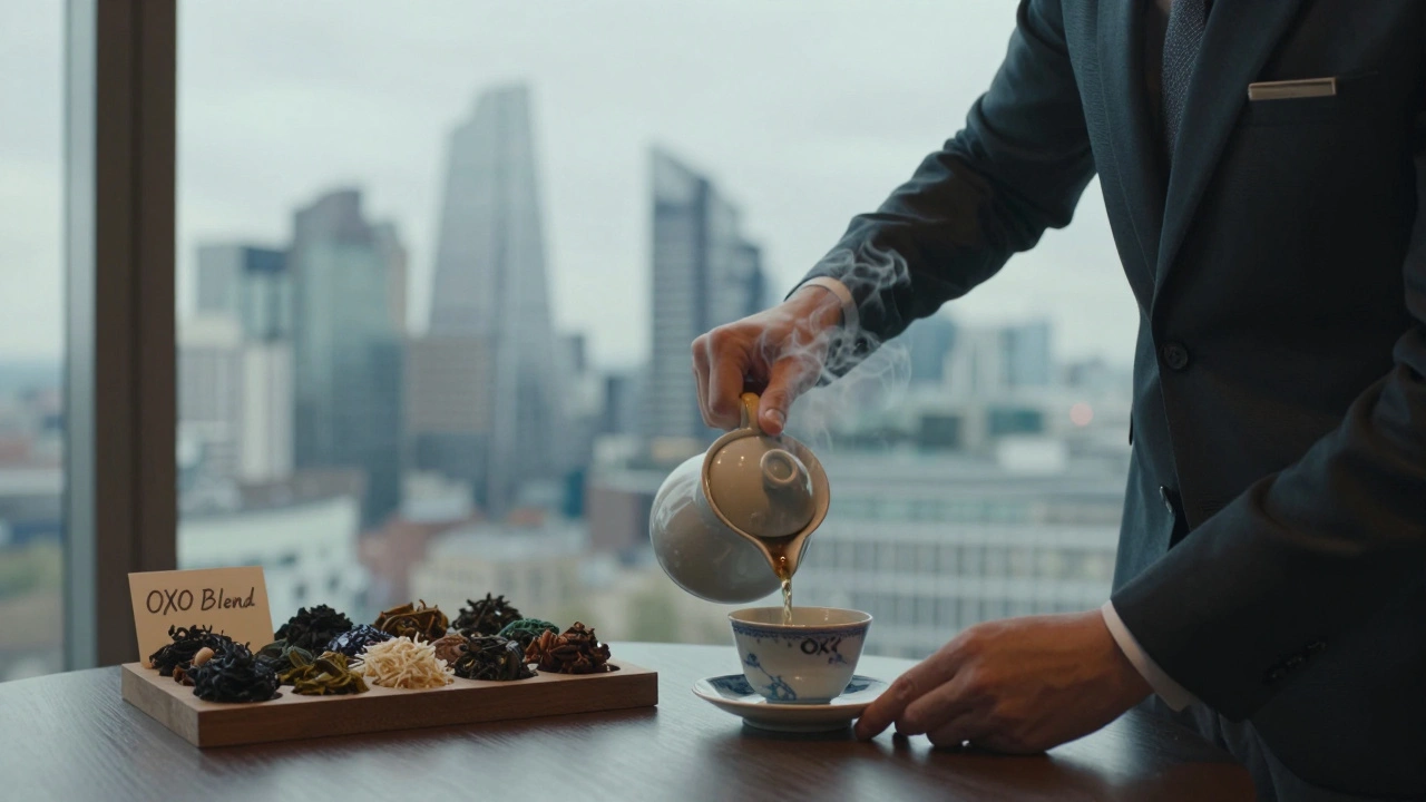A server pouring tea at OXO Tower, with London's skyline visible through the window, focusing on the steam rising from the poured cup and a wooden tea tray.