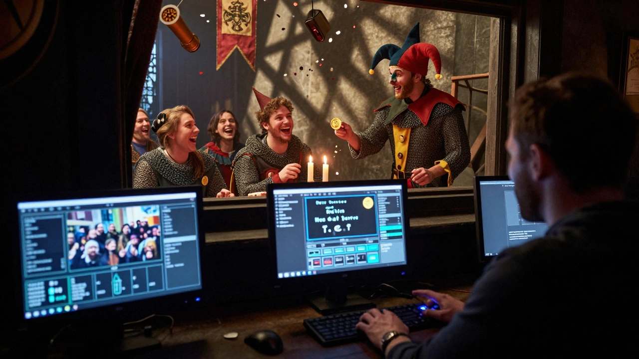 A show runner in a control room triggers confetti as guests celebrate solving a riddle at a medieval-themed event.