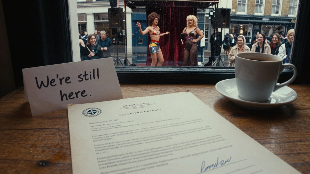 A signed lease agreement on a wooden table beside a coffee cup, with a drag show visible through a window, rain outside.