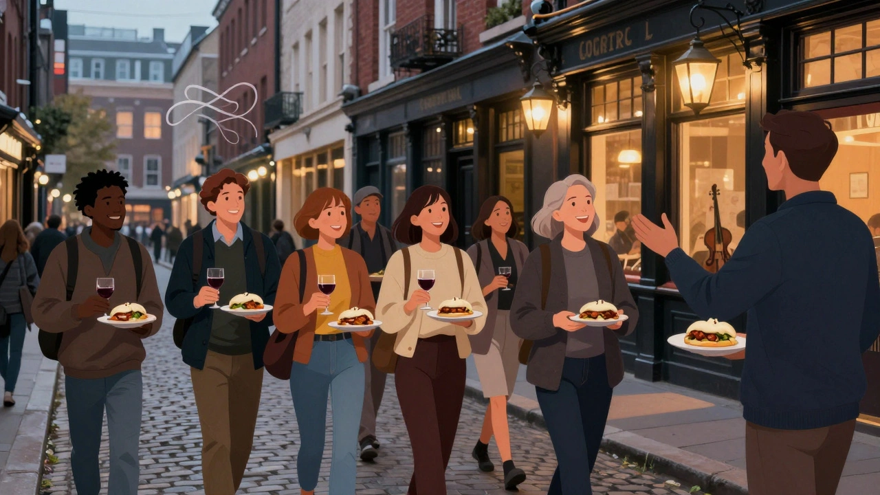 A small group enjoying a food tour in Soho, tasting bites and drinks as a guide shares stories.