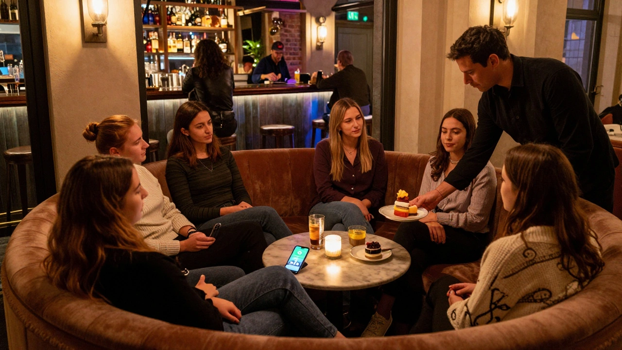 A small group relaxing in a VIP area of a London venue, enjoying better service and views, with a glowing WhatsApp notification on a nearby phone.
