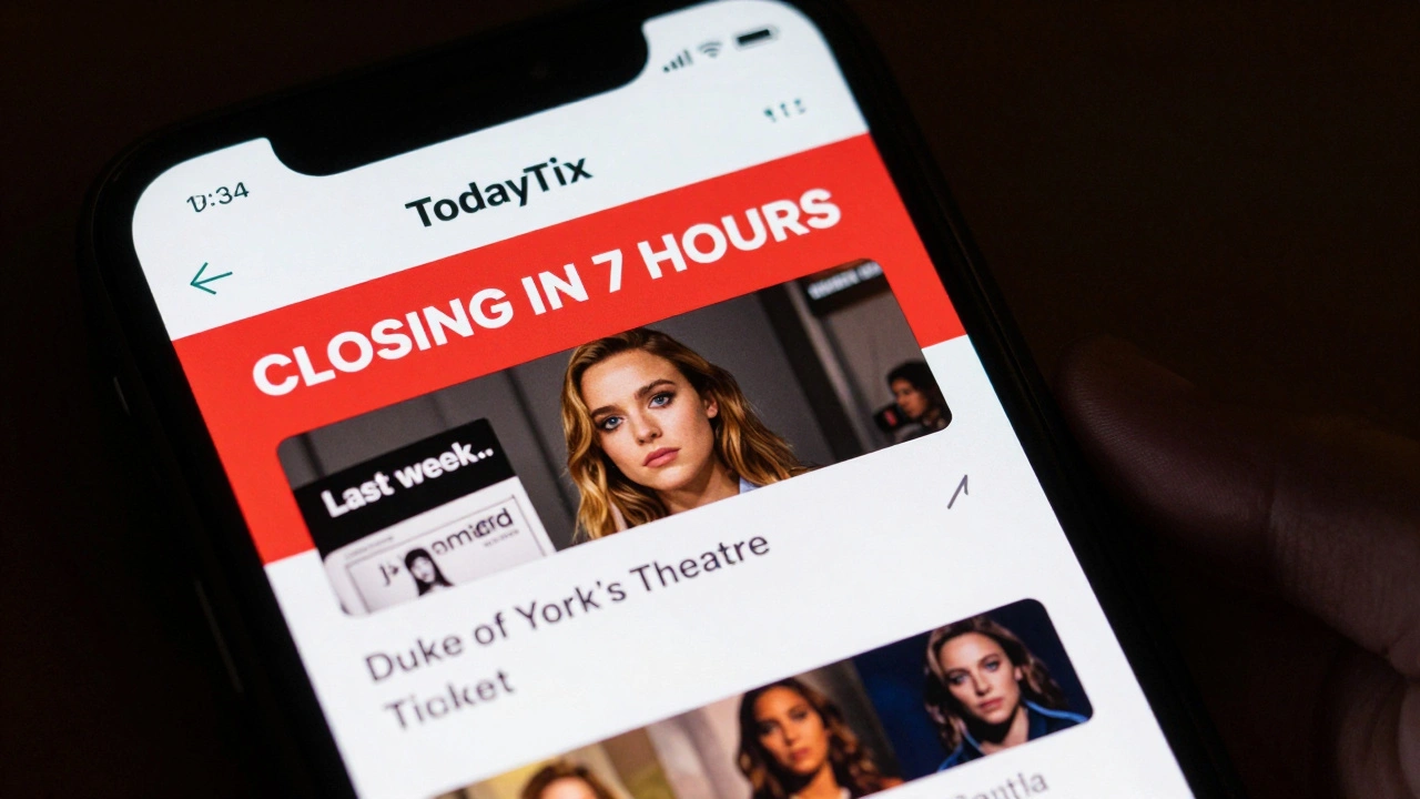 A smartphone screen showing a last-minute theatre ticket purchase with an actor's closing performance post.