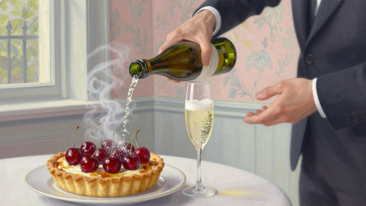 A sommelier pouring champagne beside a cherry clafoutis tart in a cozy Notting Hill bistro.