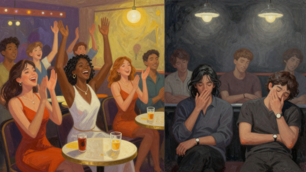 A split illustration contrasting vibrant early show energy with a dull, exhausted late-night crowd.