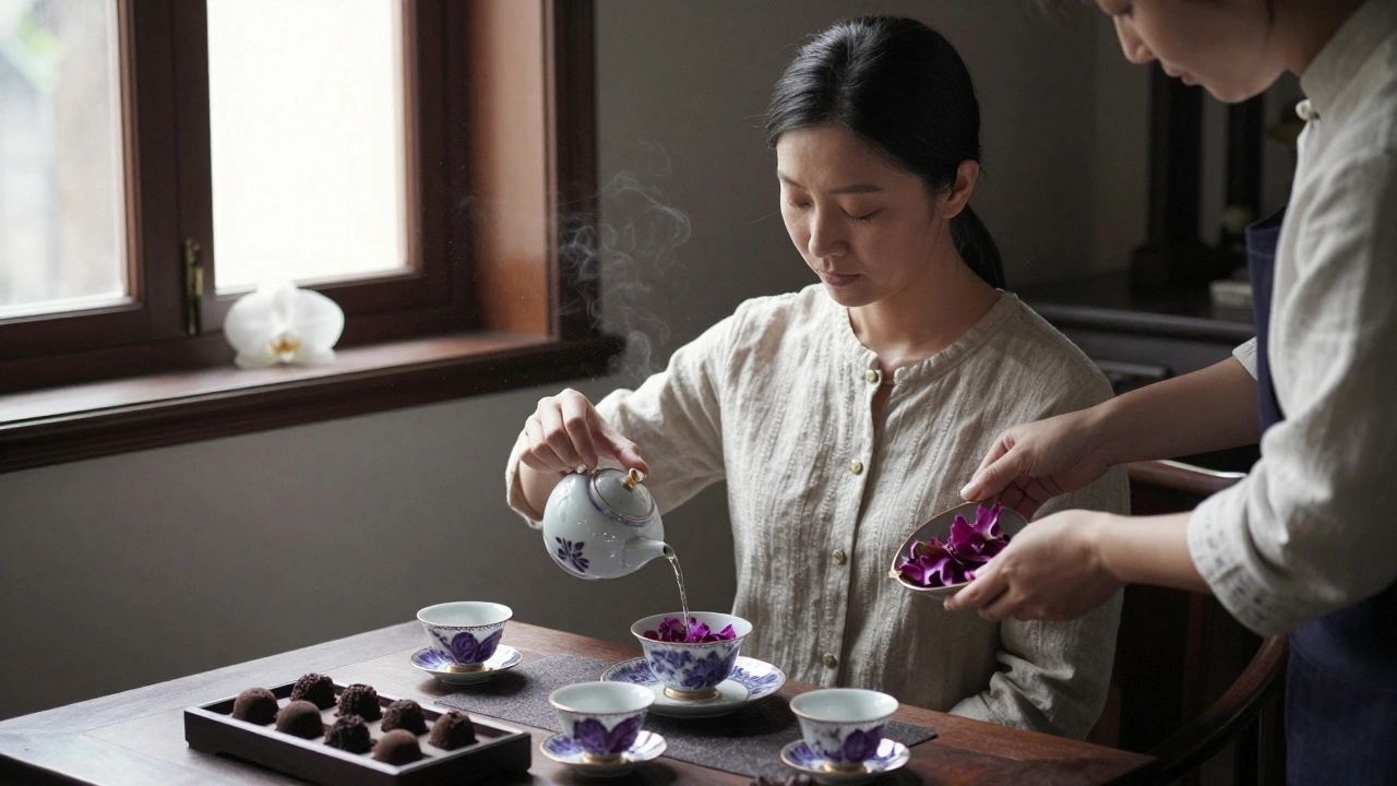 A tea master pouring rare tea as a woman closes her eyes in a quiet private room with antique china and dried orchid petals.