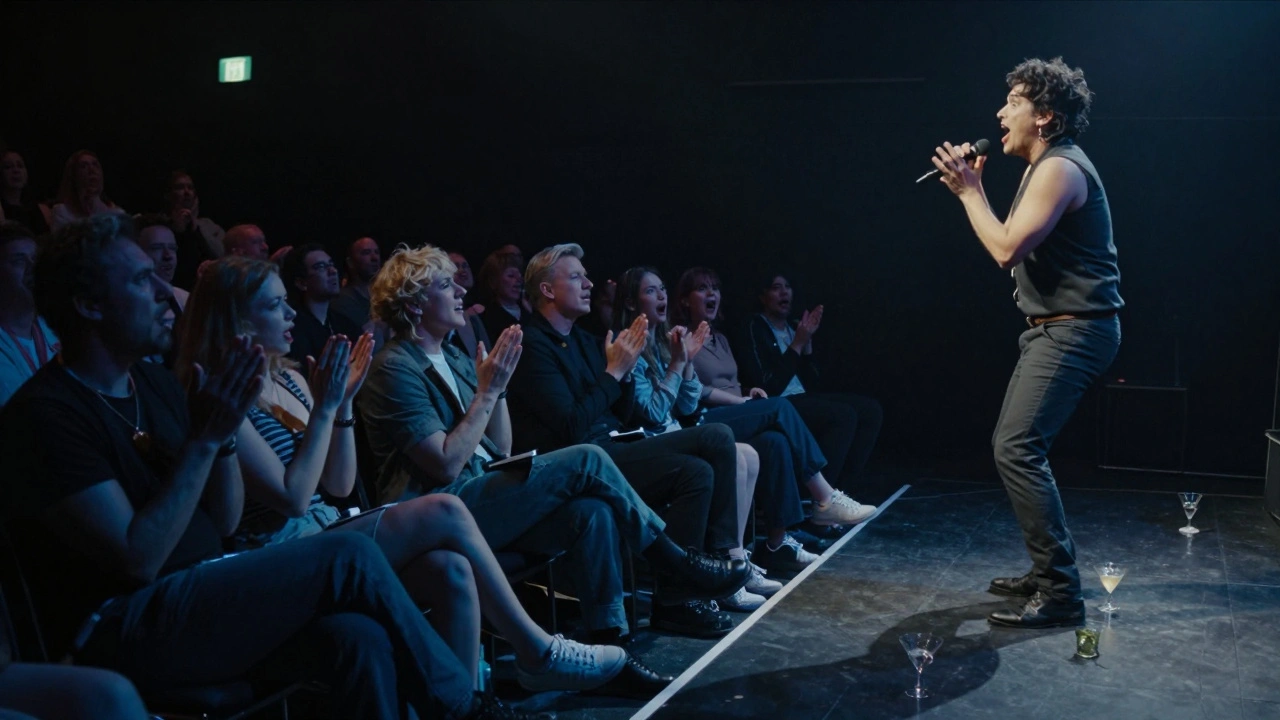 A tired audience at a late-night cabaret, with dim lighting and minimal engagement from spectators.