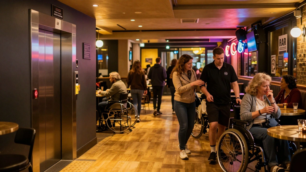 A welcoming, step-free entrance at a London nightclub with diverse patrons and staff assisting guests, lit by warm golden light.