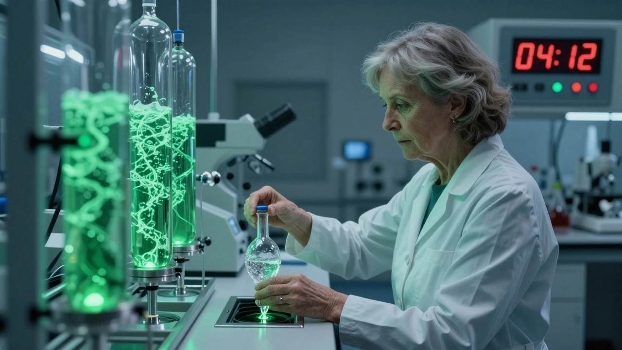 A woman placing an object into a control panel in a high-security lab with a ticking countdown.
