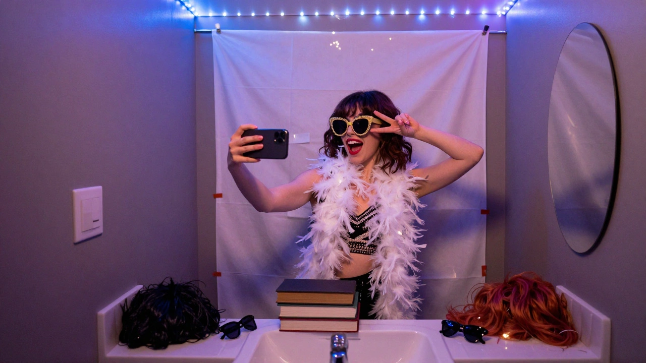 A woman taking a silly selfie in a bathroom photo booth with wigs and fairy lights.