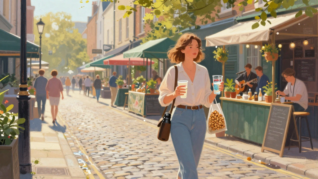 A woman walking through Camden with a Pimm’s cup and a glass of water, surrounded by summer market vibes.