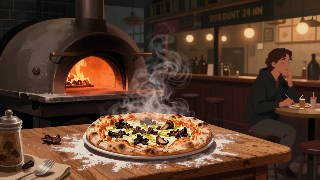 A wood-fired pizza fresh from the oven in a quiet corner of Borough Market after midnight.