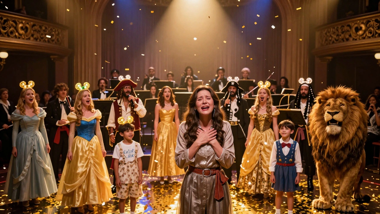 Adults and children in Disney costumes singing together under glowing Mickey ears and golden confetti.