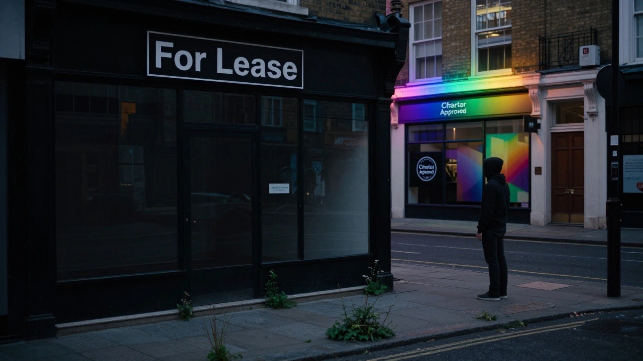 An empty storefront with a 'For Lease' sign, contrasted with a nearby rainbow-lit venue, a lone figure standing in the street.