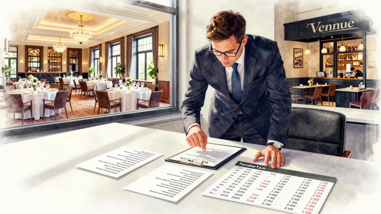 An event planner and venue manager reviewing menu options and contract details, with sunlight highlighting flexibility in booking times.