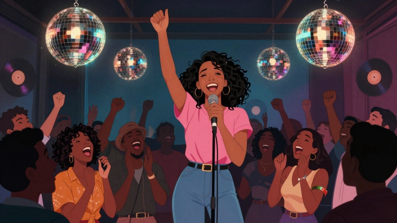 An MC inspiring a crowd to sing along during an 80s themed night, bathed in nostalgic disco light.