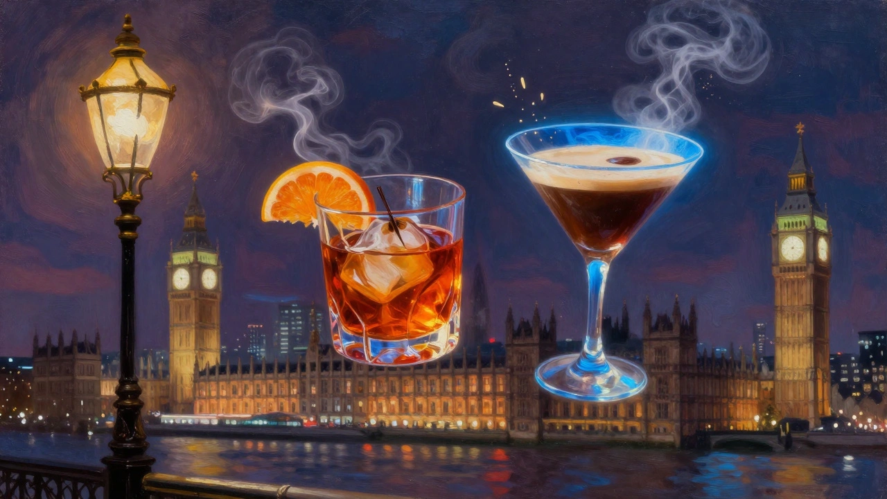 An Old Fashioned and Espresso Martini float above London, one warm amber, the other electric blue, symbolizing tradition and modernity.